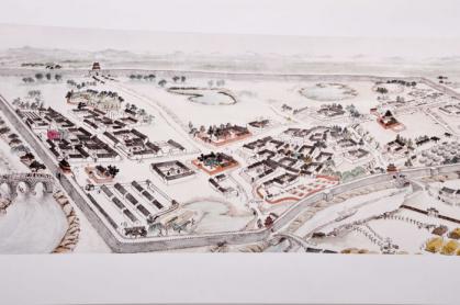 Chinesische Malerei: Dorf am Hafen 185x30cm