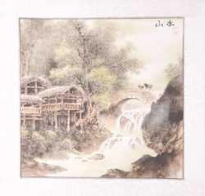 Chinesische Landschaftsmalerei: Dorfbrücke 50x50cm