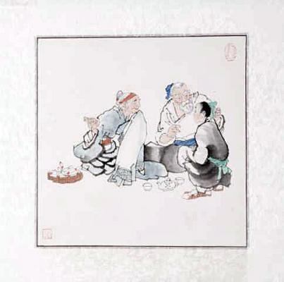 Chinesische Malerei: Familienglück 46x46cm