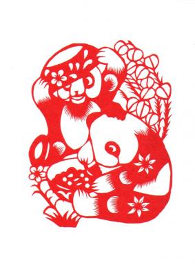 Chinesischer Scherenschnitt: Pandas beim Essen 20x16cm
