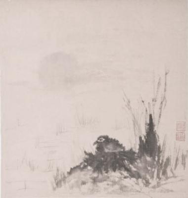 Chinesische Malerei: getarnt, Vogel im Nest 42x44cm