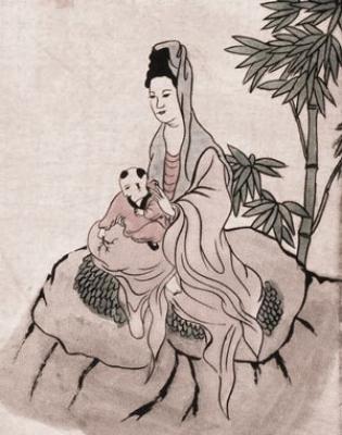 Rollbild: Kinderschenkende Guanyin 35x125cm
