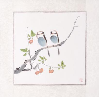 Chinesische Tuschemalerei: Meisenpaar 46x46cm