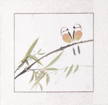 Chinesische Malerei: Meisenpaar 3 46x46cm