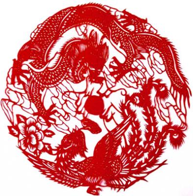 Fengshui Scherenschnitt: Drache und Phönix 25x25cm
