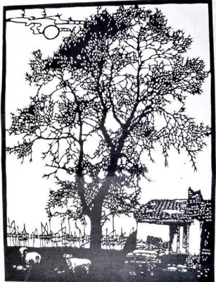 Chinesischer Scherenschnitt: Landschaft 34x44cm