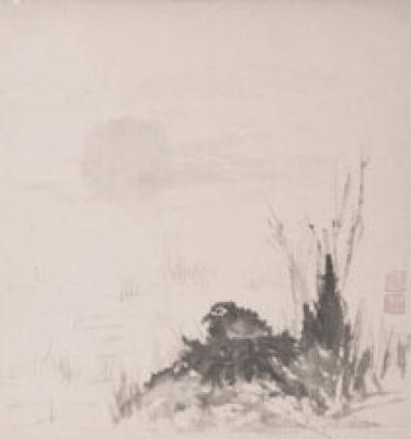 Chinesische Malerei: getarnt, Vogel im Nest 42x44cm
