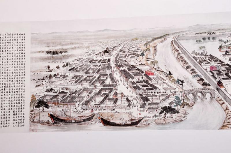 Chinesische Malerei: Dorf am Hafen 185x30cm