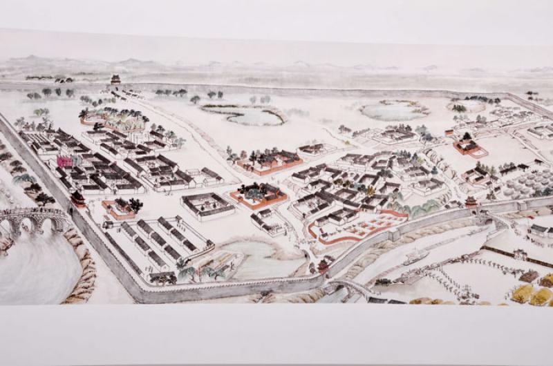 Chinesische Malerei: Dorf am Hafen 185x30cm