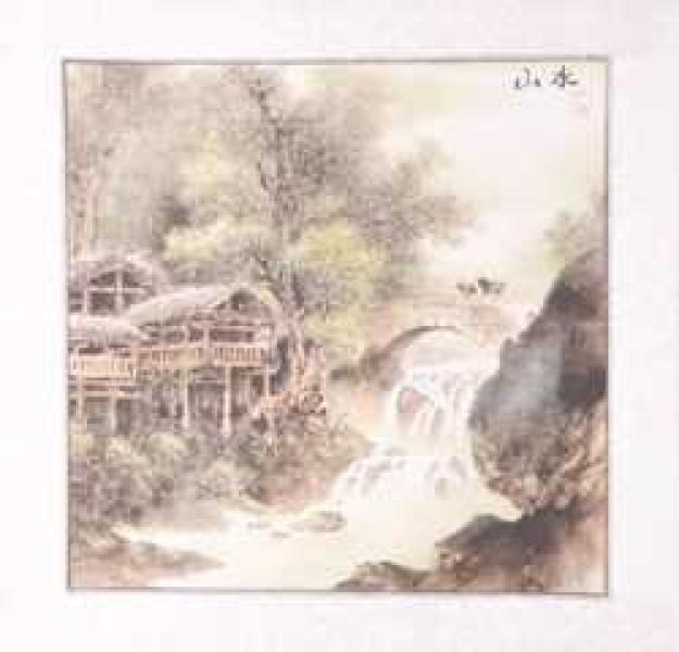 Chinesische Landschaftsmalerei: Dorfbrücke 50x50cm