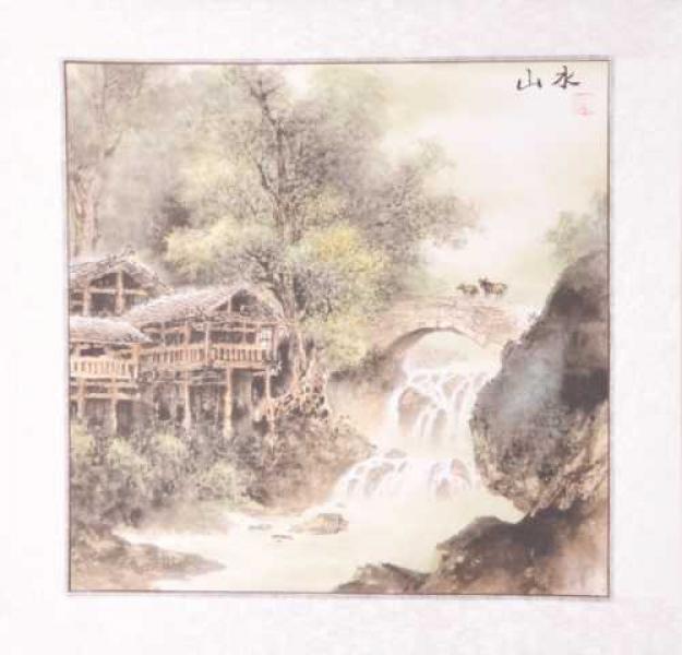 Chinesische Landschaftsmalerei: Dorfbrücke 50x50cm