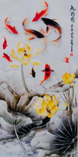 Chinesische Malerei Rollbild: Neun Koi- Fische 100x30cm