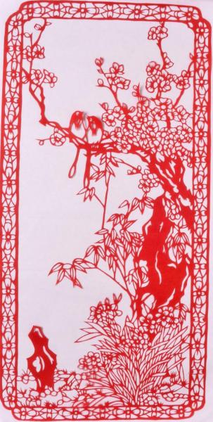 Chinesischer Scherenschnitt: Kirschblüte -Yin- 47x23cm