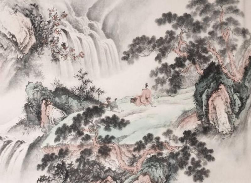 Chinesische Landschaftsmalerei: Am Wasserfall 97x193cm