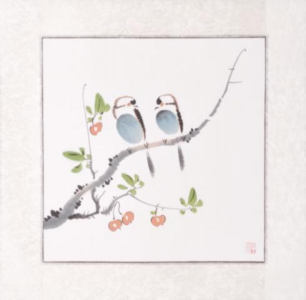 Chinesische Tuschemalerei: Meisenpaar 46x46cm