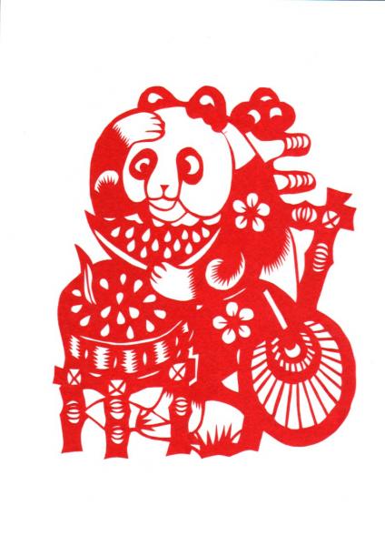 Chinesischer Scherenschnitt: Panda isst Melone 20x17cm