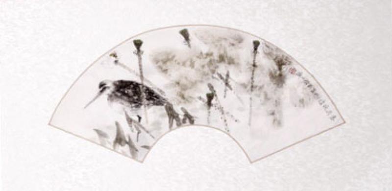Chinesische Malerei Wandbild: Schnepfe am Teich 37cm *72cm