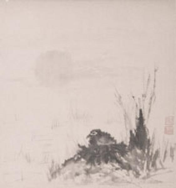 Chinesische Malerei: getarnt, Vogel im Nest 42x44cm