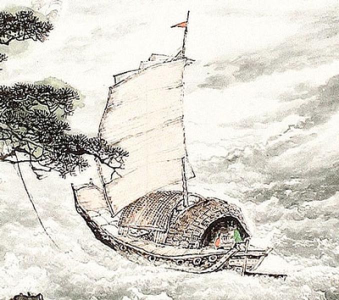 Chinesische Malerei: Dschunke am Yangzi 69x161cm