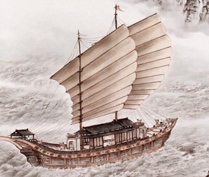 Chinesische Malerei Rollbild: Dschunke 67x159cm